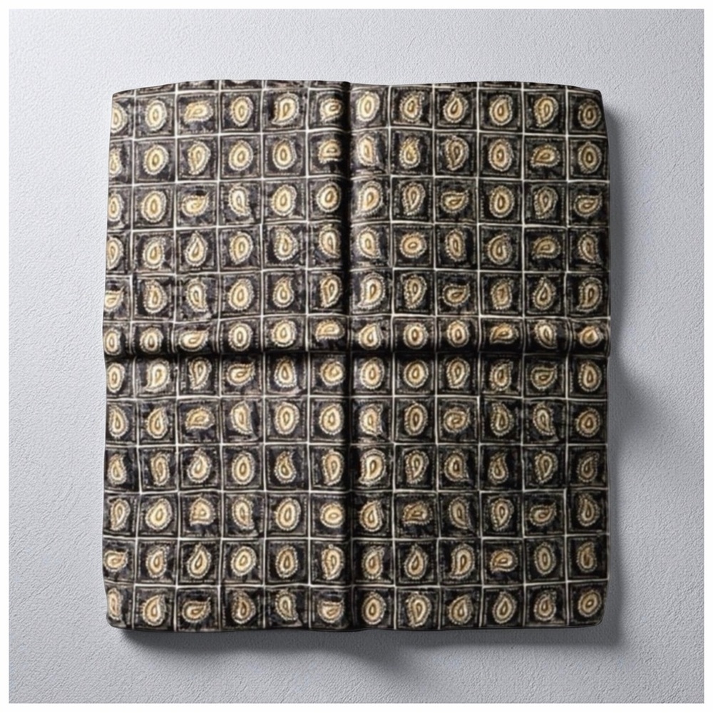 Bijan Silk Pocket Square Iconic Paisley Grid HandFinished Luxury